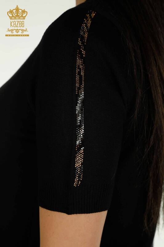 Женский вязаный свитер оптом с леопардовой вышивкой черный - 30747 | КАZEE