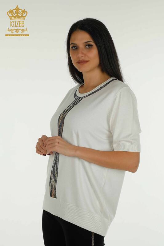 Женский вязаный свитер оптом с леопардовой вышивкой, экрю - 30324 | КАZEE