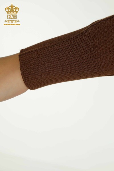 Женский вязаный свитер оптом с леопардовой вышивкой, коричневый - 30633 | КАZEE - Thumbnail