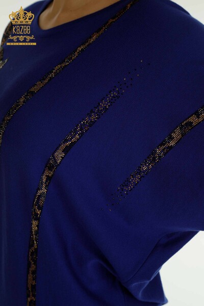 Женский вязаный свитер оптом сакс с леопардовой вышивкой - 30633 | КАZEE - Thumbnail