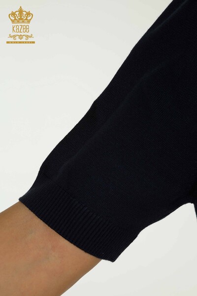 Женский вязаный свитер оптом с леопардовой вышивкой, темно-синий - 30329 | КАZEE - Thumbnail