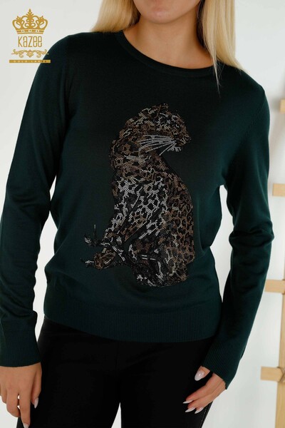 Kazee - Женский вязаный свитер с леопардовым узором оптом, темно-зеленый - 30595 | КАZEE (1)