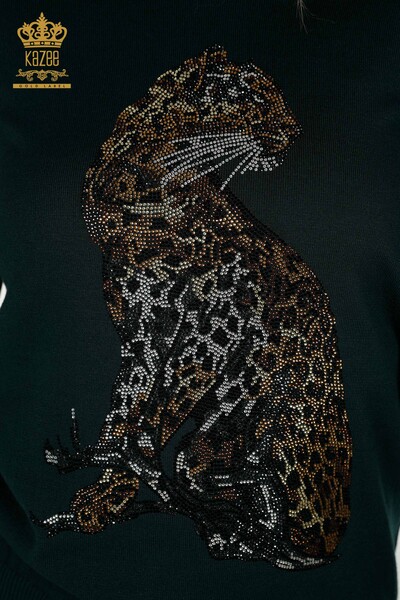 Женский вязаный свитер с леопардовым узором оптом, темно-зеленый - 30595 | КАZEE - Thumbnail (2)