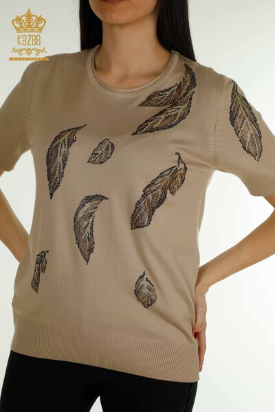 Женский вязаный свитер оптом с узором в виде листьев, бежевый - 30477 | КАZEE - Thumbnail