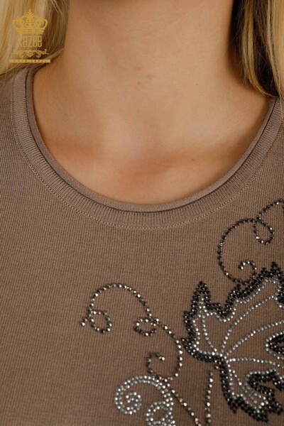 Женский вязаный свитер оптом с вышивкой листьев норки - 30654 | КАZEE - Thumbnail