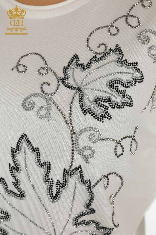 Женский вязаный свитер оптом с вышивкой листьев экрю - 30654 | КАZEE