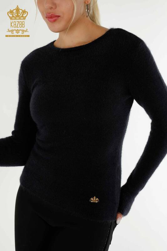 Женский вязаный свитер с логотипом из ангоры темно-синий оптом - 18432 | КАZEE