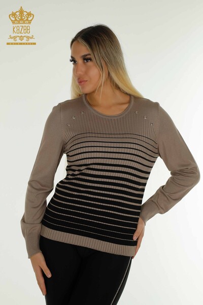 Женский вязаный свитер с деталями на плечах оптом, норковый-черный - 30079 | КАZEE - Thumbnail