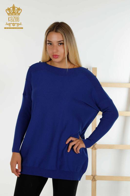 Женский вязаный свитер оптом с деталью Сакс - 30192 | КAZEE