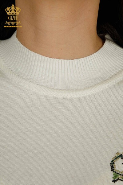 Женский трикотаж оптом, свитер на плечах с цветочным узором, экрю - 30542 | КАZEE - Thumbnail (2)