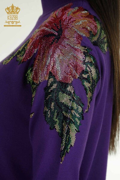 Оптовая продажа женского трикотажа Свитер с цветочным узором на плечах Фиолетовый - 30542 | КАZEE - Thumbnail