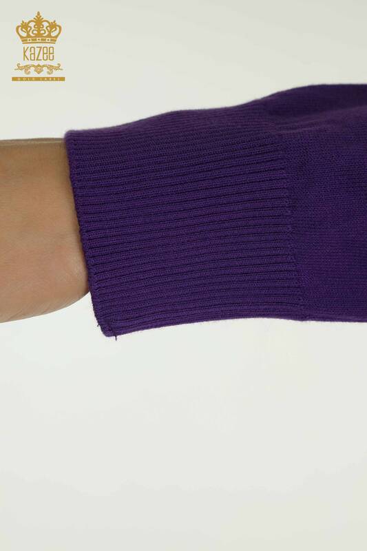 Оптовая продажа женского трикотажа Свитер с цветочным узором на плечах Фиолетовый - 30542 | КАZEE