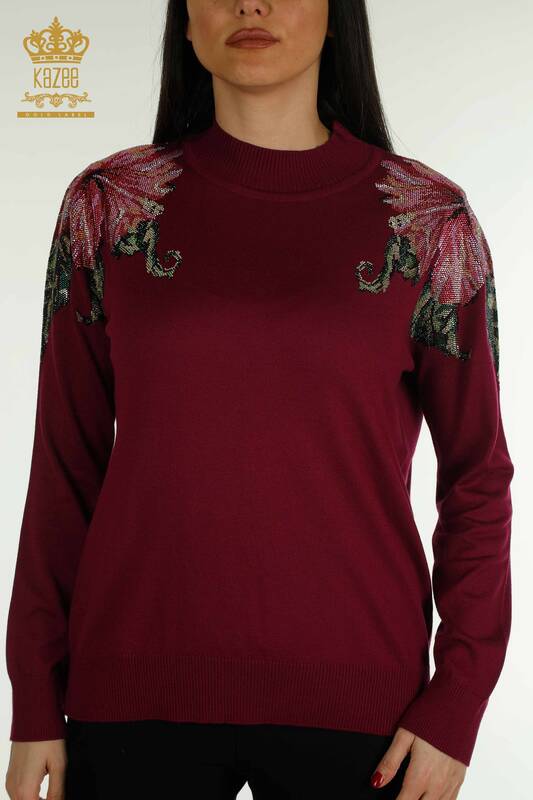 Оптовая продажа женского трикотажа Свитер с цветочным узором на плечах Сиреневый - 30542 | КАZEE
