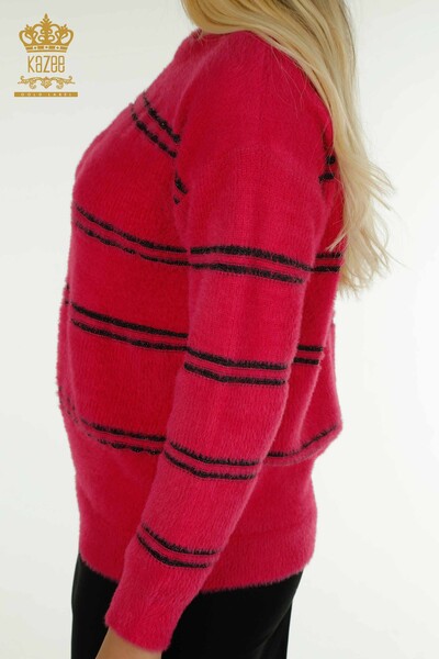 Женский вязаный свитер оптом в полоску из ангоры фуксия - 30680 | КАZEE - Thumbnail