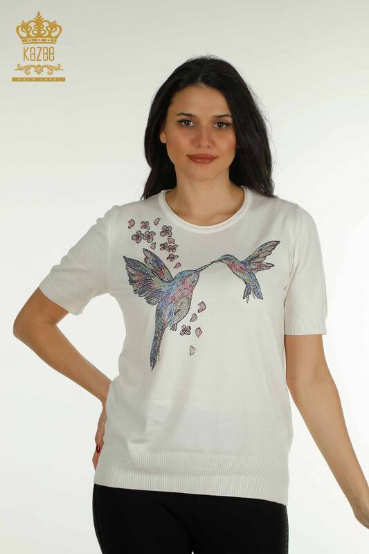 Женский трикотажный свитер с рисунком птицы экрю оптом - 30456 | КАZEE