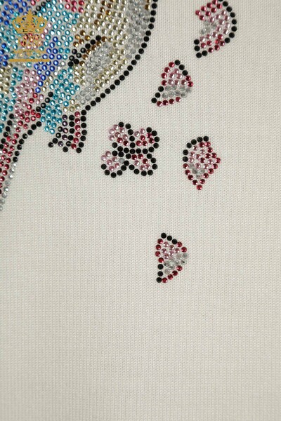 Женский трикотажный свитер с рисунком птицы экрю оптом - 30456 | КАZEE - Thumbnail