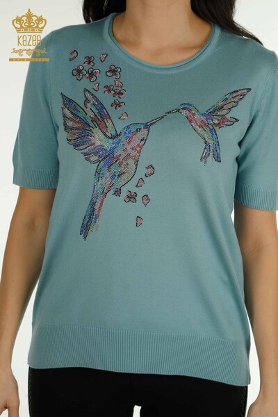 Женский вязаный свитер оптом с рисунком птицы, мятный - 30456 | КАZEE - Thumbnail