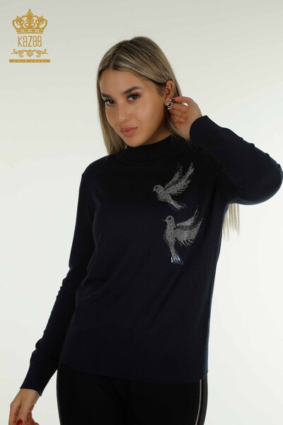 Женский вязаный свитер оптом с вышивкой птиц, темно-синий - 30745 | КАZEE - Thumbnail