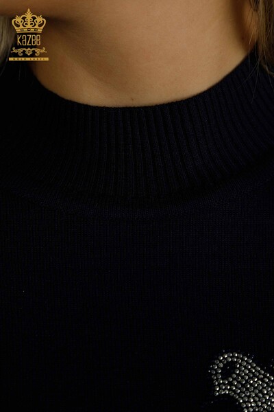 Женский вязаный свитер оптом с вышивкой птиц, темно-синий - 30745 | КАZEE - Thumbnail