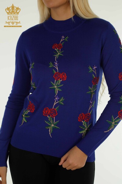 Женский вязаный свитер сакс с розовым узором оптом - 16285 | КАZEE - Thumbnail