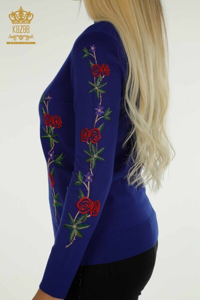 Женский вязаный свитер сакс с розовым узором оптом - 16285 | КАZEE - Thumbnail