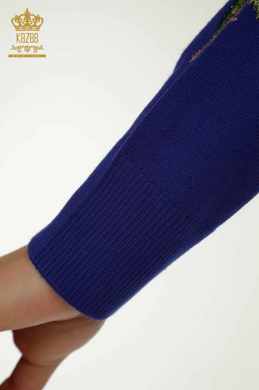 Женский вязаный свитер сакс с розовым узором оптом - 16285 | КАZEE