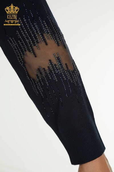 Женский вязаный свитер оптом с рукавами темно-синего цвета - 30153 | КАZEE - Thumbnail