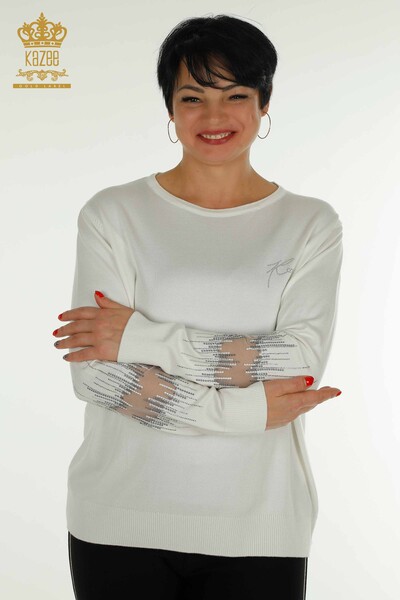 Женский вязаный свитер оптом с рукавами цвета экрю - 30153 | КАZEE - Thumbnail