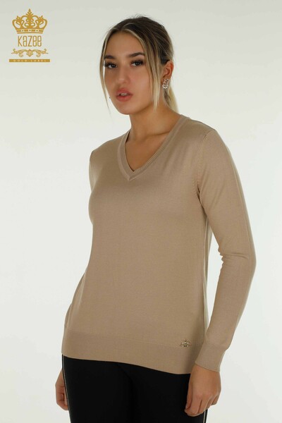 Женский вязаный свитер с длинным рукавом оптом, бежевый - 11071 | КАZEE - Thumbnail