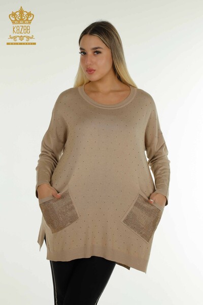 Женский вязаный свитер с длинным рукавом оптом, бежевый - 30624 | КАZEE - Thumbnail