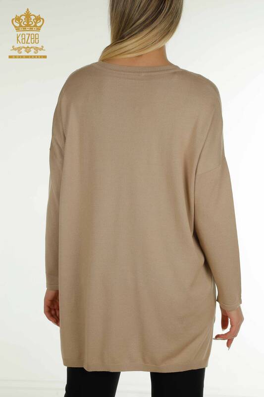 Женский вязаный свитер с длинным рукавом оптом, бежевый - 30624 | КАZEE