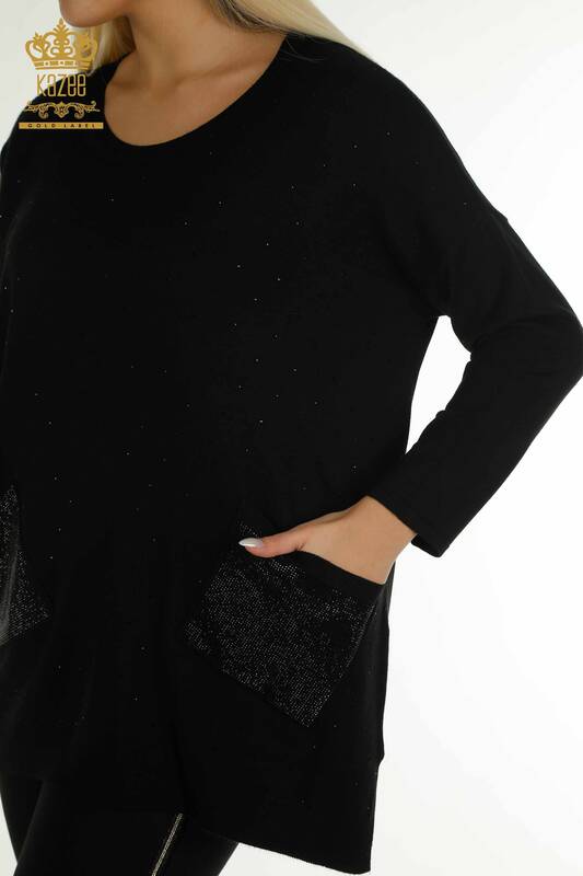 Женский вязаный свитер с длинным рукавом оптом, черный - 30624 | КAZEE