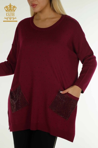 Женский вязаный свитер с длинным рукавом оптом, фиолетовый - 30624 | КАZEE - Thumbnail