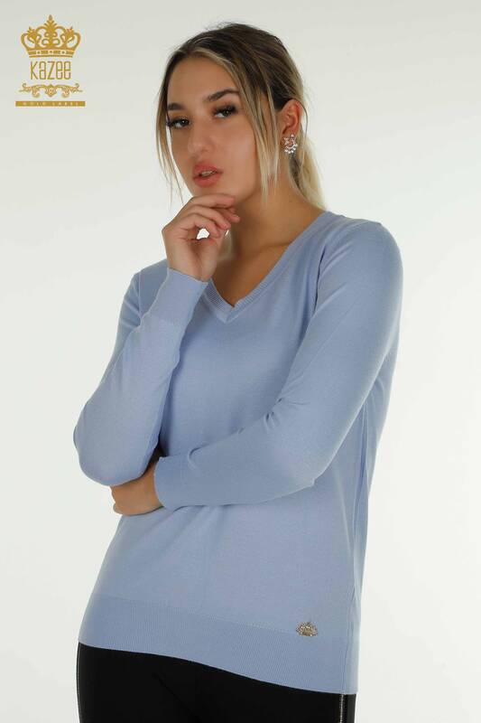 Женский вязаный свитер с длинным рукавом оптом, голубой - 11071 | КАZEE
