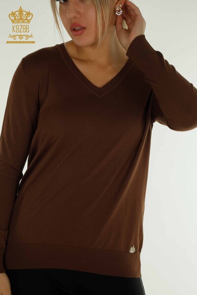 Женский вязаный свитер с длинным рукавом коричневого цвета оптом - 11071 | КАZEE - Thumbnail