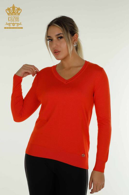Женский вязаный свитер с длинным рукавом оптом, оранжевый - 11071 | КАZEE