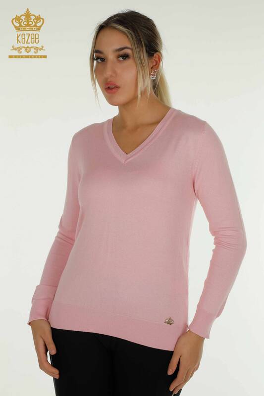 Оптовая продажа женского трикотажного свитера с длинным рукавом розового цвета - 11071 | КAZEE