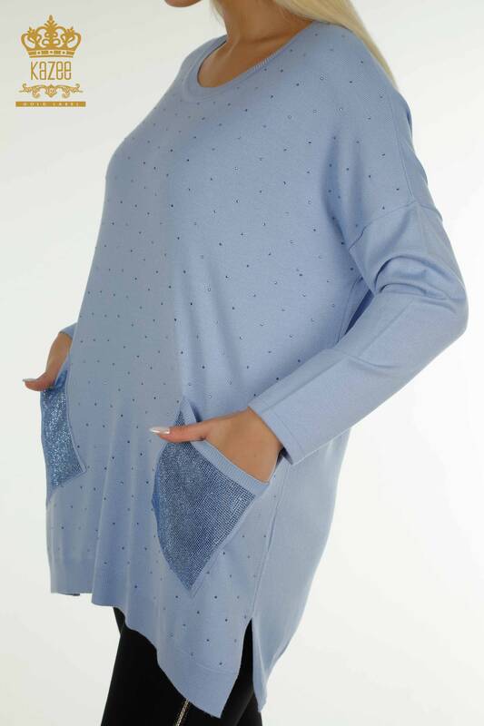Женский вязаный свитер с длинным рукавом оптом, синий - 30624 | КАZEE