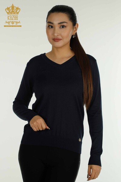 Женский вязаный свитер с длинным рукавом оптом, темно-синий - 11071 | КАZEE - Thumbnail