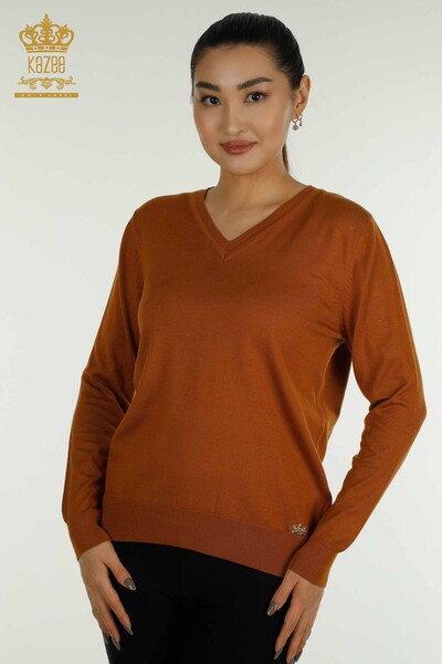 Женский вязаный свитер с длинным рукавом оптом, коричневый - 11071 | КАZEE - Thumbnail