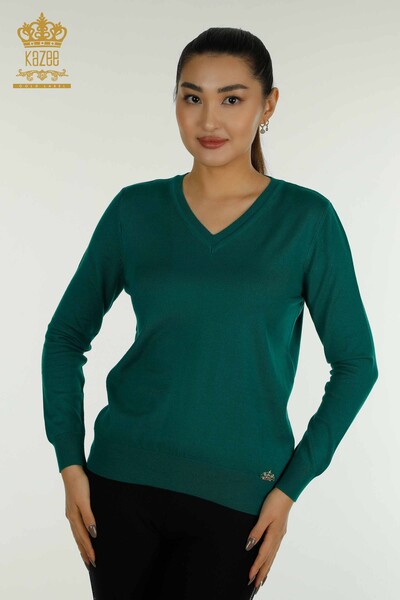 Женский вязаный свитер с длинным рукавом оптом, зеленый - 11071 | КAZEE - Thumbnail