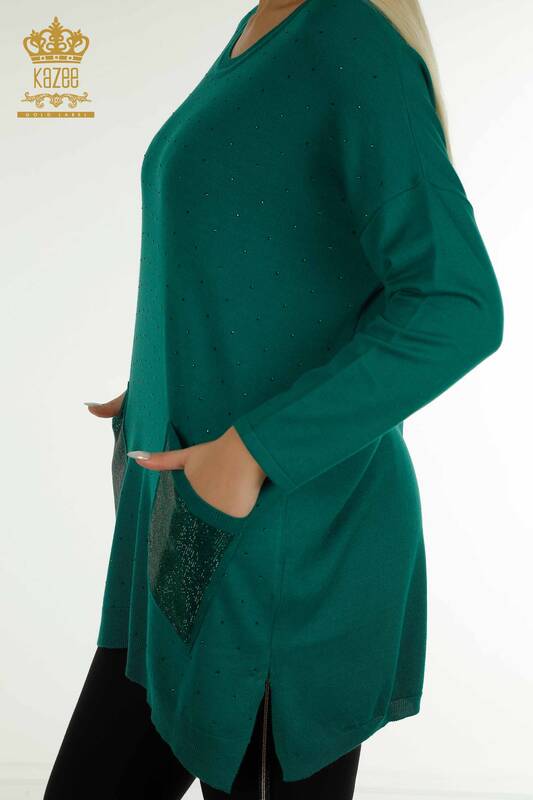 Женский вязаный свитер с длинным рукавом оптом, зеленый - 30624 | КAZEE