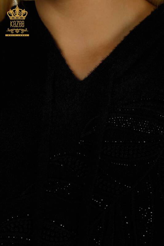 Женский вязаный свитер с капюшоном из ангоры оптом, черный - 40008 | КАZEE