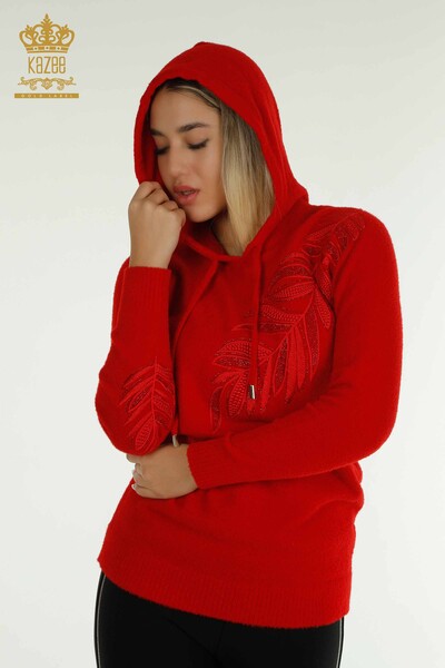 Женский вязаный свитер оптом с капюшоном из ангоры красного цвета - 40008 | КАZEE - Thumbnail