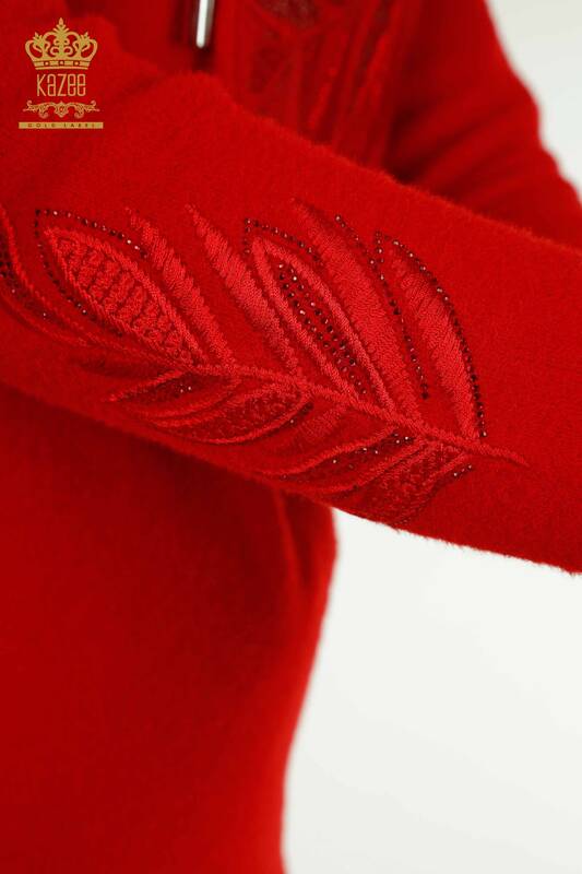 Женский вязаный свитер оптом с капюшоном из ангоры красного цвета - 40008 | КАZEE