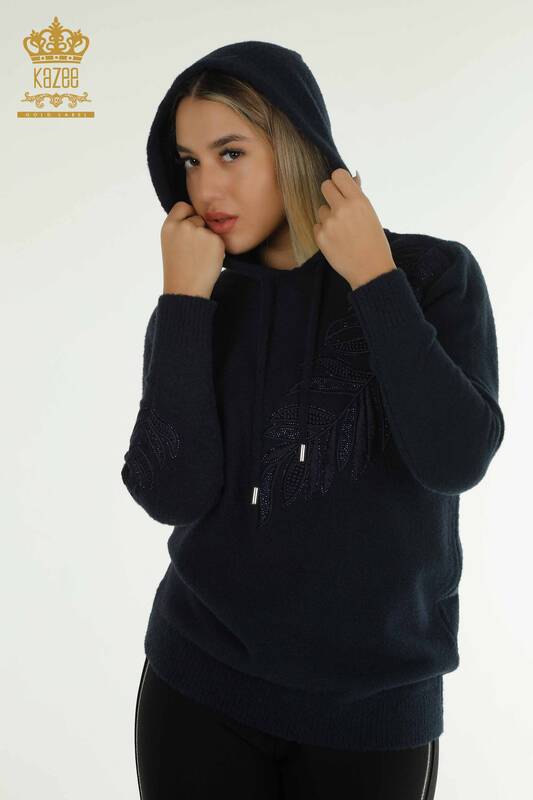 Женский вязаный свитер с капюшоном из ангоры, темно-синий оптом - 40008 | КАZEE