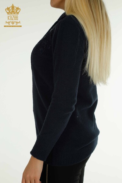 Женский вязаный свитер с капюшоном из ангоры, темно-синий оптом - 40008 | КАZEE - Thumbnail