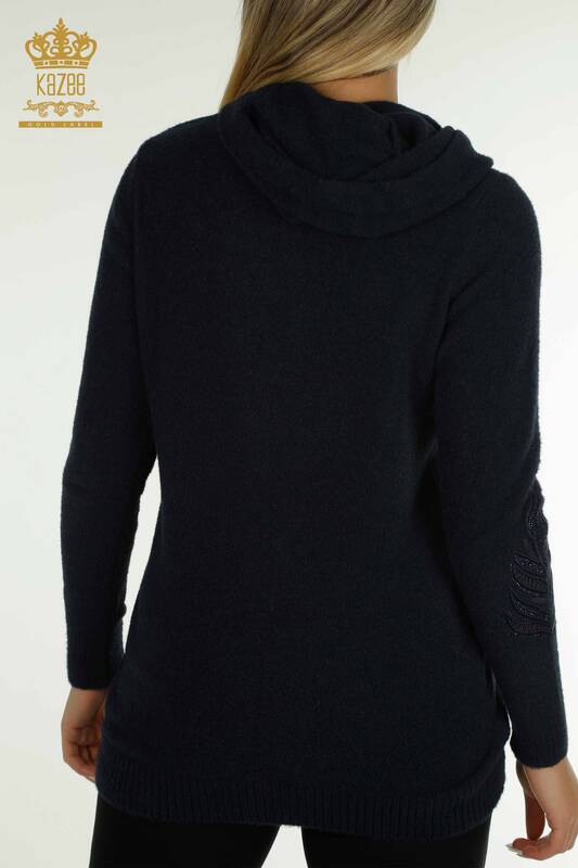 Женский вязаный свитер с капюшоном из ангоры, темно-синий оптом - 40008 | КАZEE