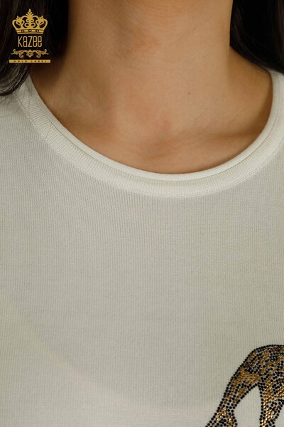 Женский вязаный свитер с коротким рукавом цвета экрю оптом - 30478 | КАZEE - Thumbnail