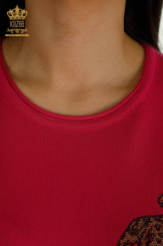 Женский вязаный свитер с коротким рукавом цвета фуксии оптом - 30478 | КАZEE